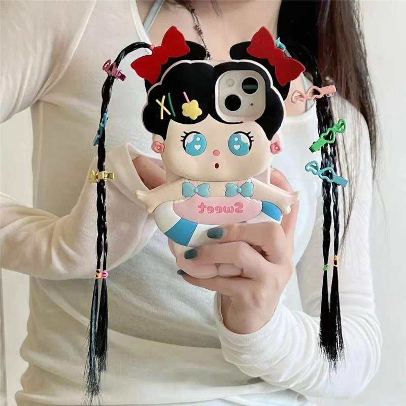 For iPhone 15 Silicone Case Cute Long Braided Girl Design Shockproof Phone Back Cover