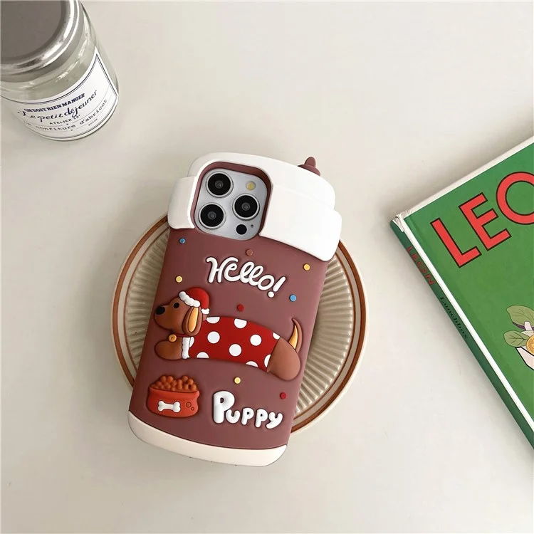 For iPhone 16 Pro Max Silicone Case Cute Dachshund Coffee Cup Design Shockproof Phone Back Cover