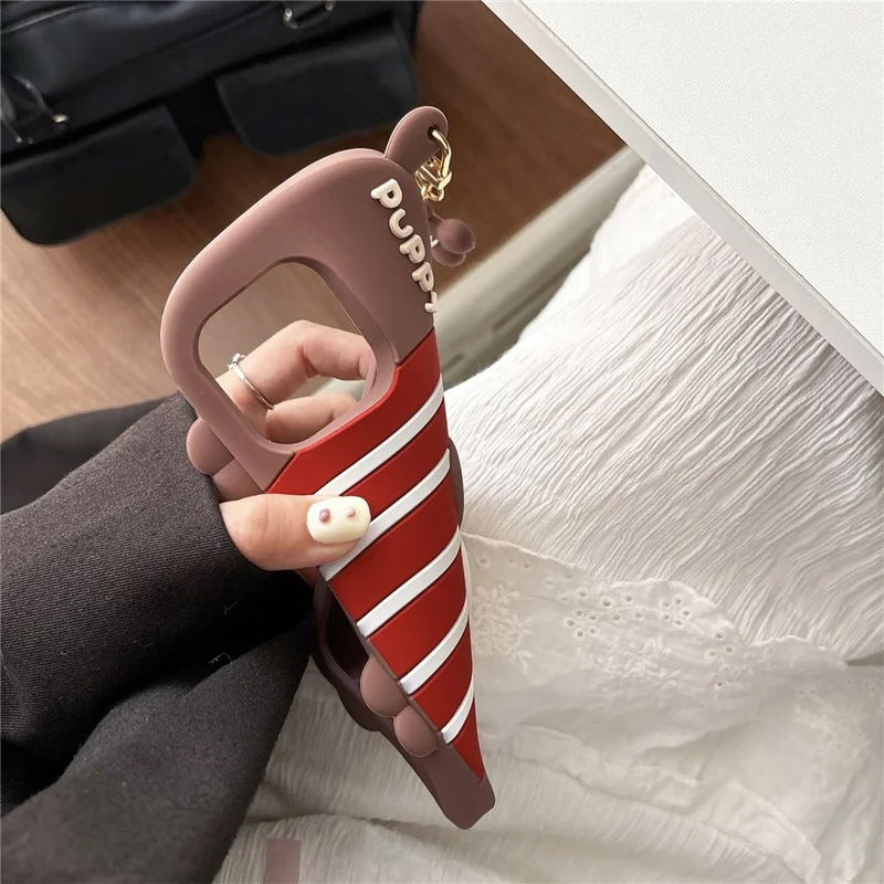 For iPhone 16 Pro Max Silicone Case Cute Striped Dachshund Design Shockproof Phone Back Cover