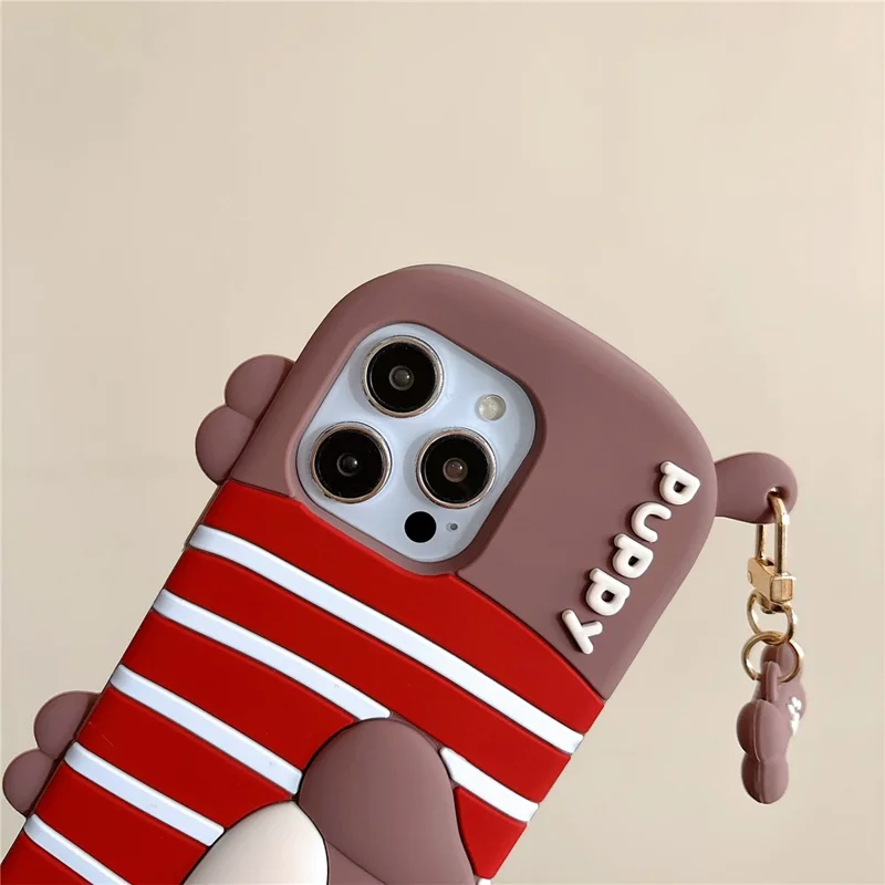 For iPhone 16 Pro Max Silicone Case Cute Striped Dachshund Design Shockproof Phone Back Cover