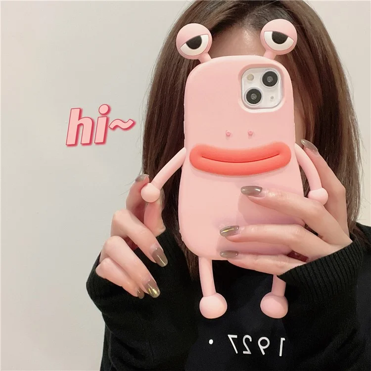 Capa de silicone para iPhone 15 Design de boca de salsicha de sapo fofo à prova de choque - Rosa