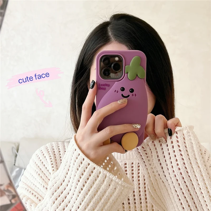For iPhone 16 Pro Max Silicone Case Cute Eggplant Design Shockproof Phone Back Cover