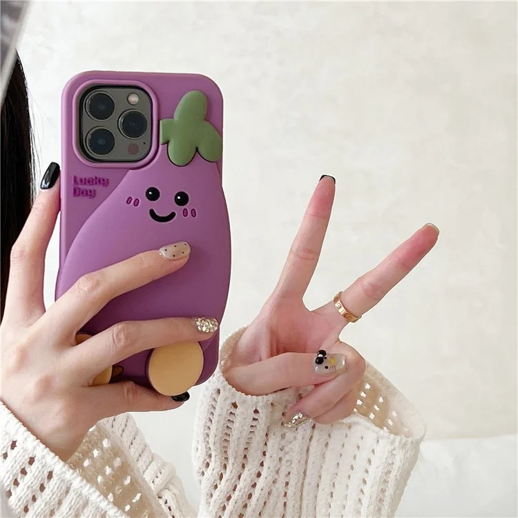 For iPhone 16 Pro Max Silicone Case Cute Eggplant Design Shockproof Phone Back Cover