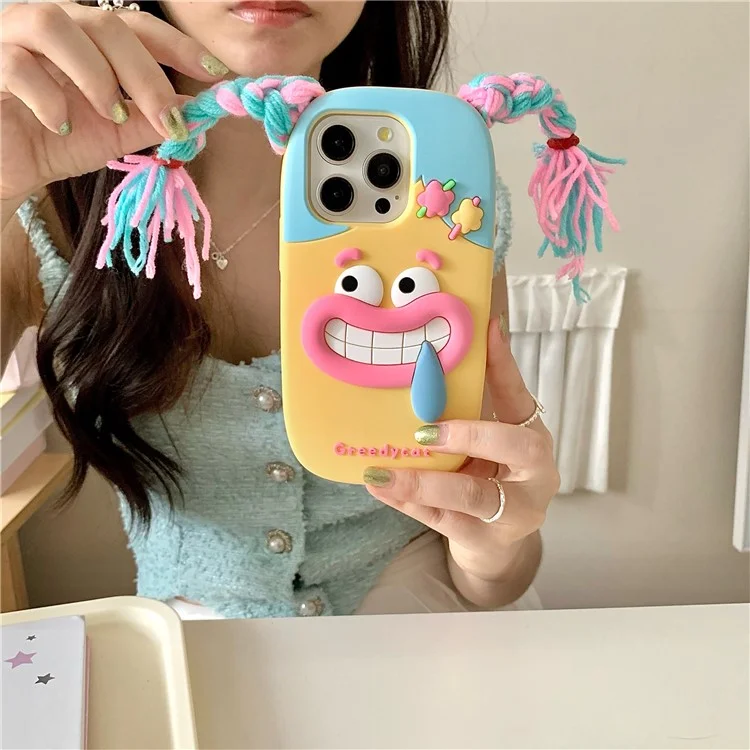 For iPhone 16 Pro Max Silicone Case Cute Colorful Braids Girl Design Shockproof Phone Back Cover
