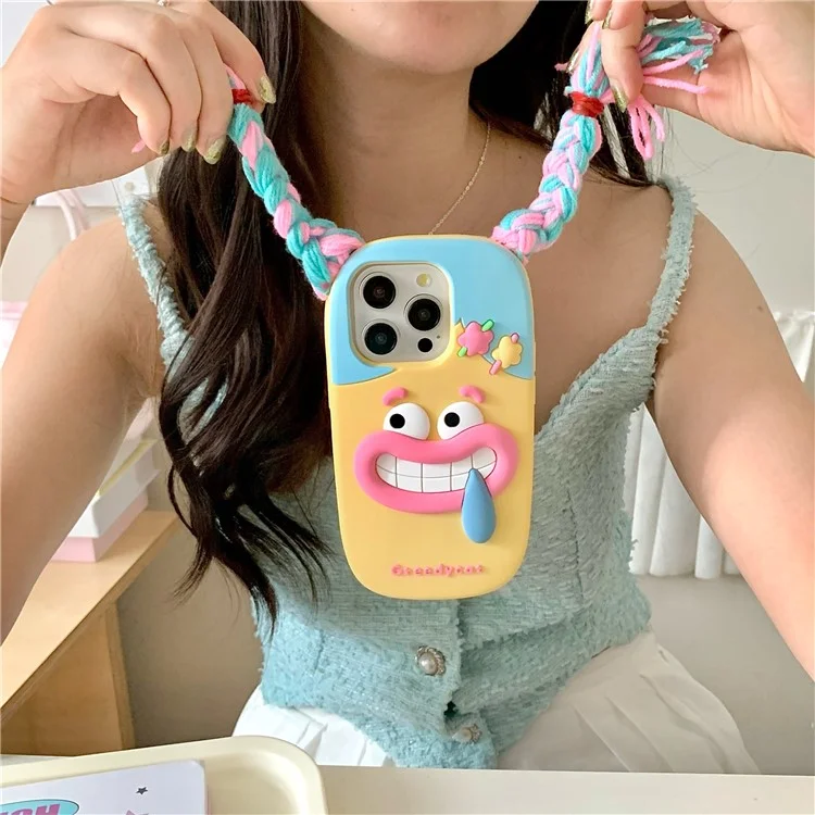 For iPhone 16 Pro Max Silicone Case Cute Colorful Braids Girl Design Shockproof Phone Back Cover
