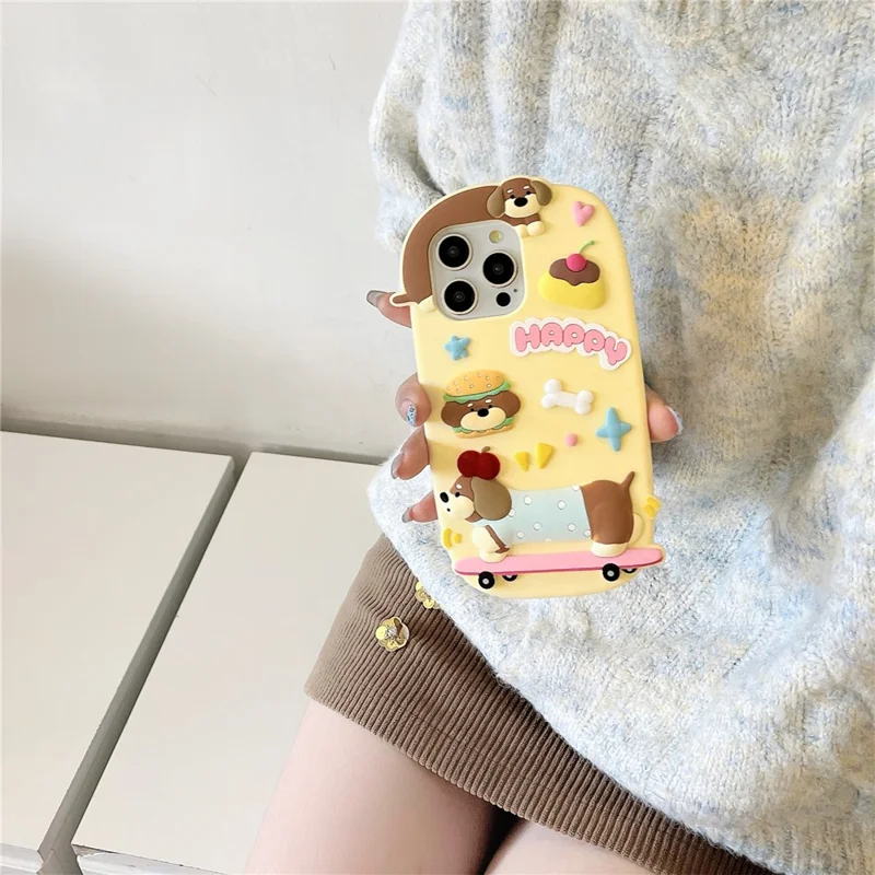 For iPhone 16 Pro Max Silicone Case Cute Skateboarding Dachshund Design Shockproof Phone Back Cover