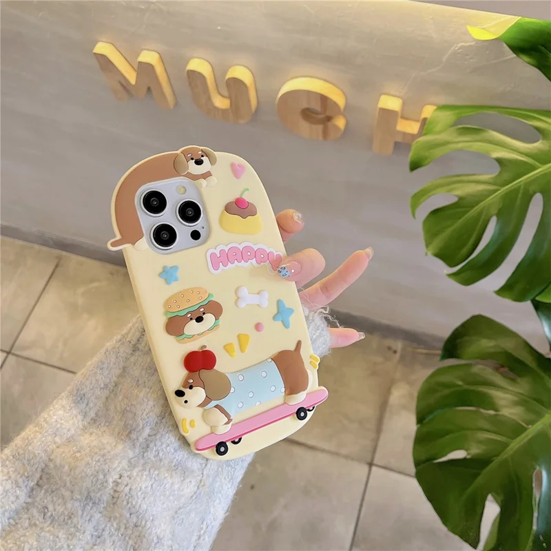 For iPhone 16 Pro Max Silicone Case Cute Skateboarding Dachshund Design Shockproof Phone Back Cover