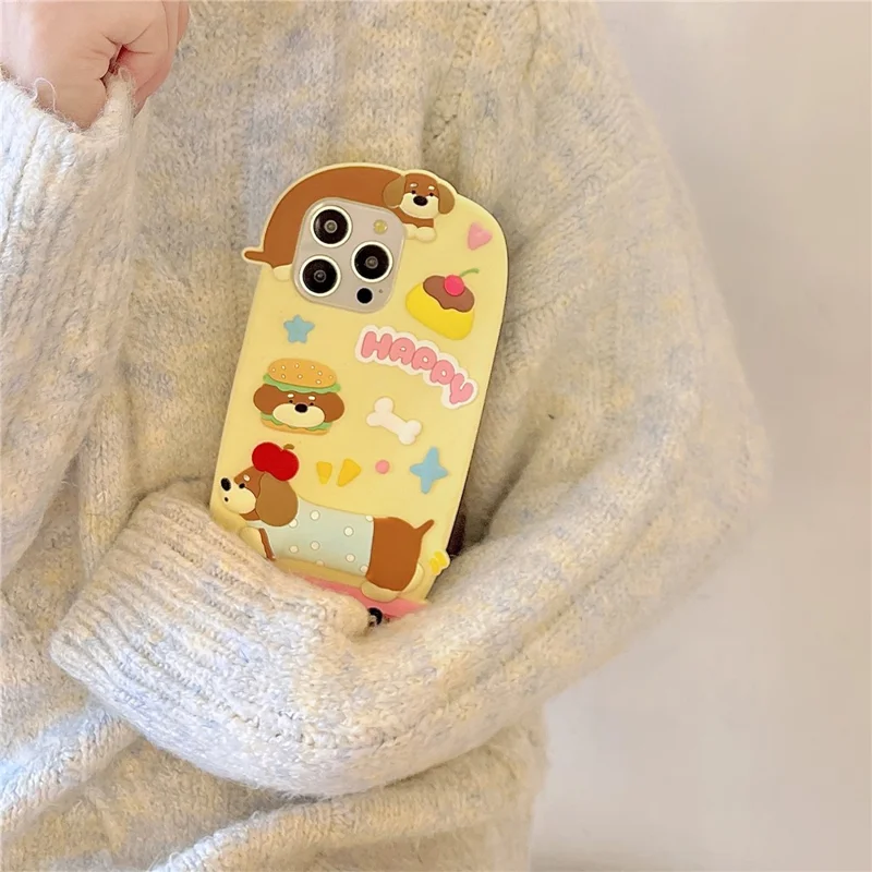 For iPhone 16 Pro Max Silicone Case Cute Skateboarding Dachshund Design Shockproof Phone Back Cover