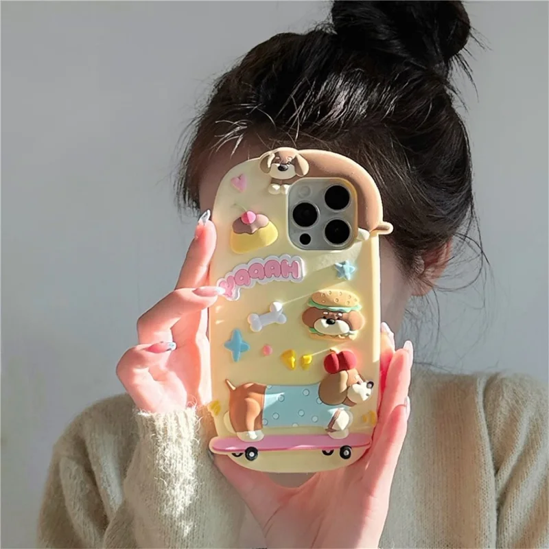 For iPhone 16 Pro Max Silicone Case Cute Skateboarding Dachshund Design Shockproof Phone Back Cover