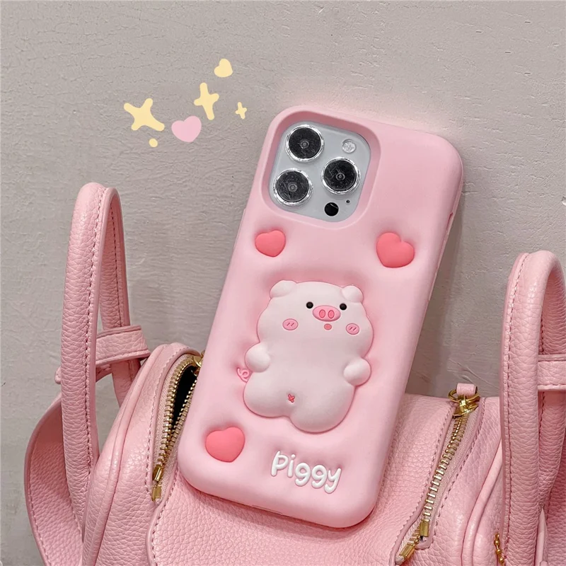 For iPhone 16 Pro Max Silicone Case Cute Expanding Pig Design Shockproof Phone Back Cover