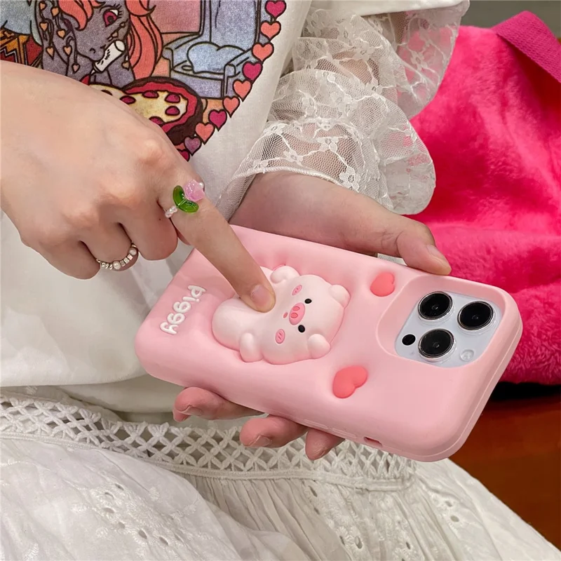 For iPhone 16 Pro Max Silicone Case Cute Expanding Pig Design Shockproof Phone Back Cover
