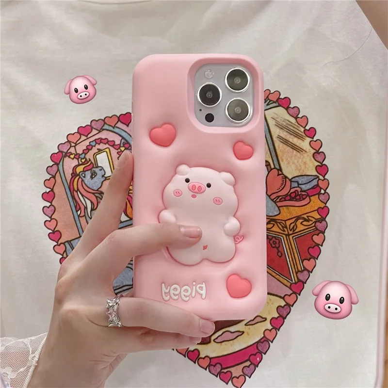 For iPhone 16 Pro Max Silicone Case Cute Expanding Pig Design Shockproof Phone Back Cover