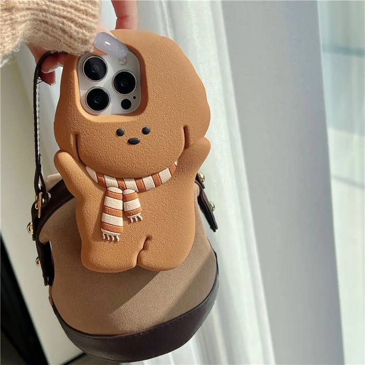 For iPhone 16 Pro Max Silicone Case Cute Teddy Bear Scarf Design Shockproof Phone Back Cover