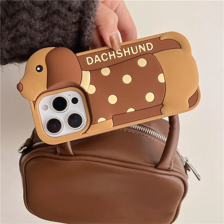 For iPhone 16 Pro Max Silicone Case Cute Round Dot Dachshund Design Shockproof Phone Back Cover