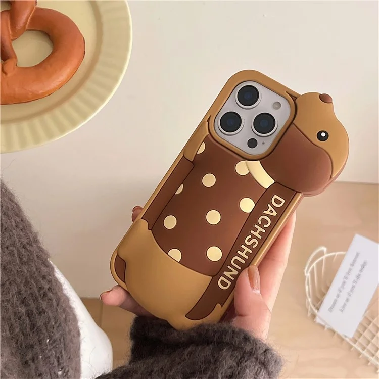 For iPhone 16 Pro Max Silicone Case Cute Round Dot Dachshund Design Shockproof Phone Back Cover