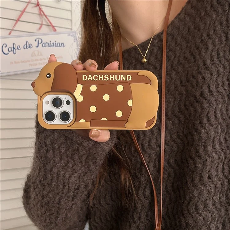 For iPhone 16 Pro Max Silicone Case Cute Round Dot Dachshund Design Shockproof Phone Back Cover