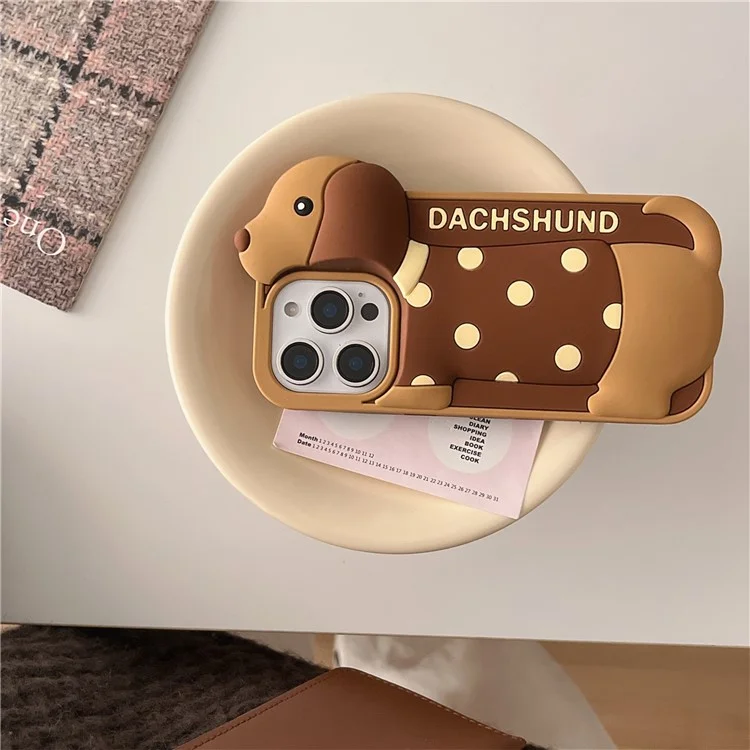 For iPhone 16 Pro Max Silicone Case Cute Round Dot Dachshund Design Shockproof Phone Back Cover