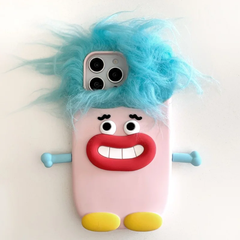 For iPhone 16 Pro Max Silicone Case Cute Hair Expression Design Shockproof Phone Back Cover - Blue Hair
