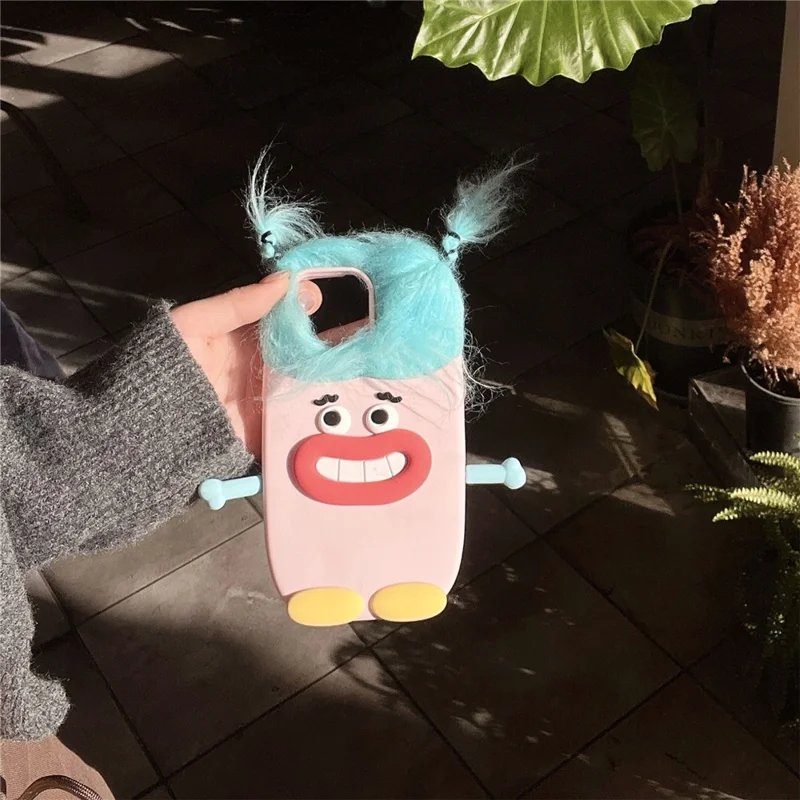 For iPhone 16 Pro Max Silicone Case Cute Hair Expression Design Shockproof Phone Back Cover - Blue Hair