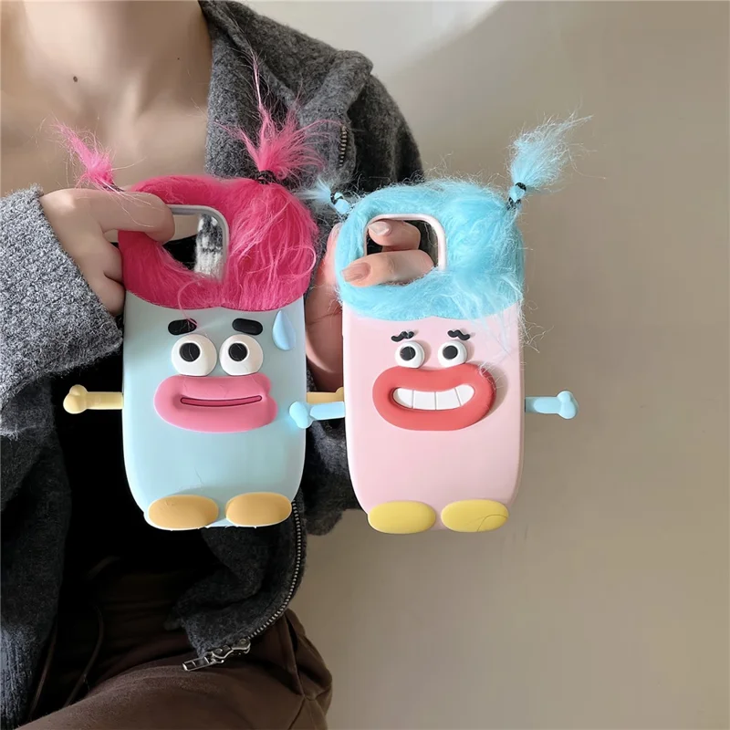 For iPhone 16 Pro Max Silicone Case Cute Hair Expression Design Shockproof Phone Back Cover - Blue Hair
