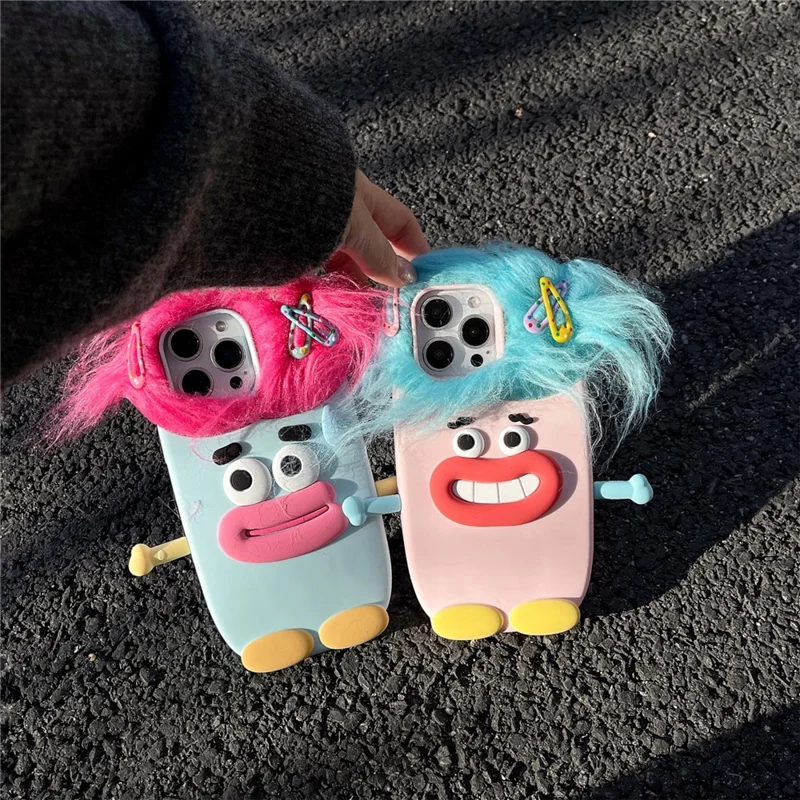 For iPhone 16 Pro Max Silicone Case Cute Hair Expression Design Shockproof Phone Back Cover - Blue Hair