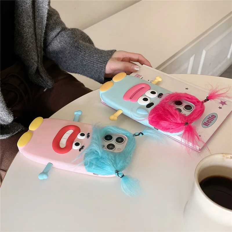 For iPhone 16 Pro Max Silicone Case Cute Hair Expression Design Shockproof Phone Back Cover - Blue Hair