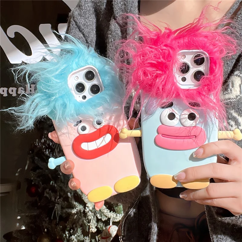 For iPhone 16 Pro Max Silicone Case Cute Hair Expression Design Shockproof Phone Back Cover - Blue Hair
