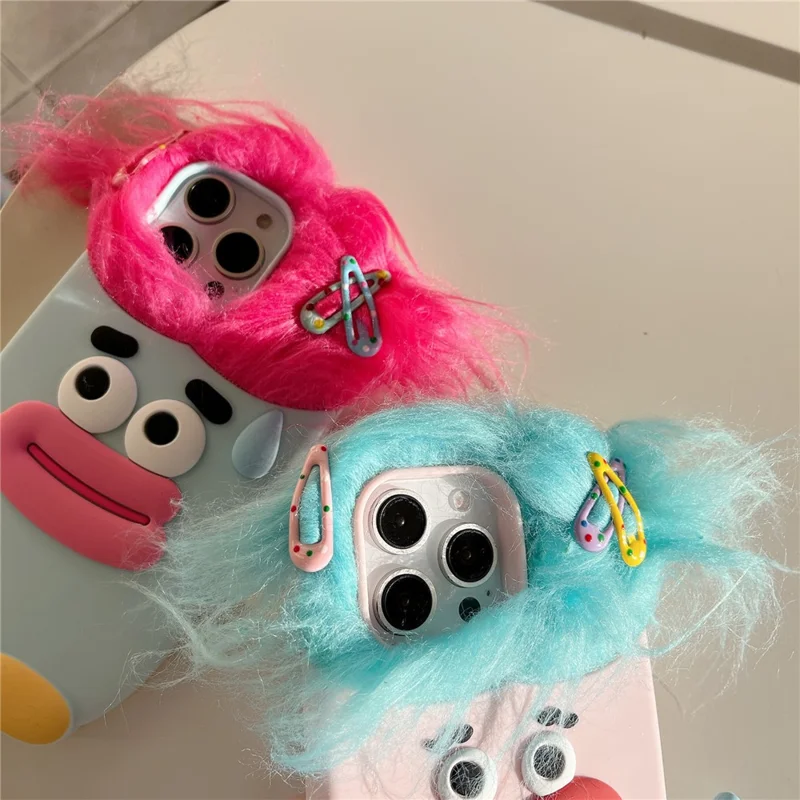 For iPhone 16 Pro Max Silicone Case Cute Hair Expression Design Shockproof Phone Back Cover - Blue Hair