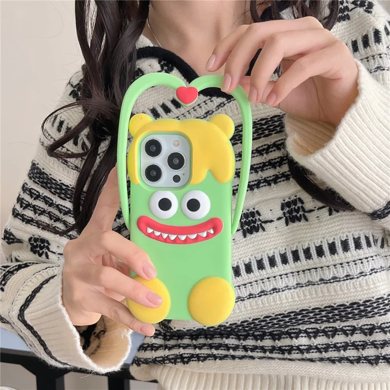 For iPhone 16 Pro Max Silicone Case Cute Heart Monster Design Shockproof Phone Back Cover - Green