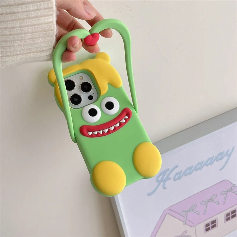For iPhone 16 Pro Max Silicone Case Cute Heart Monster Design Shockproof Phone Back Cover - Green