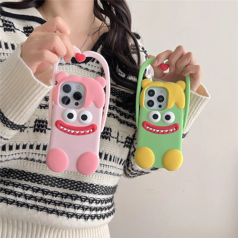 For iPhone 16 Pro Max Silicone Case Cute Heart Monster Design Shockproof Phone Back Cover - Green