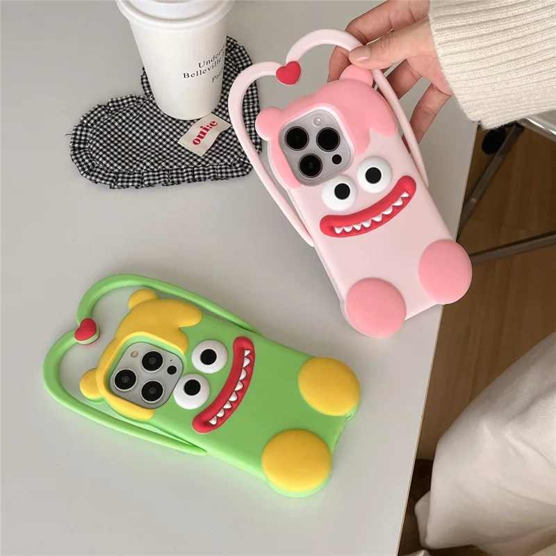 For iPhone 16 Pro Max Silicone Case Cute Heart Monster Design Shockproof Phone Back Cover - Green