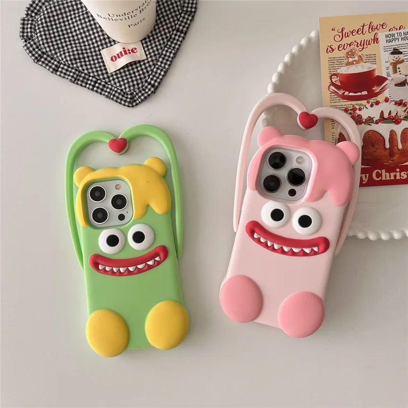 For iPhone 16 Pro Max Silicone Case Cute Heart Monster Design Shockproof Phone Back Cover - Green