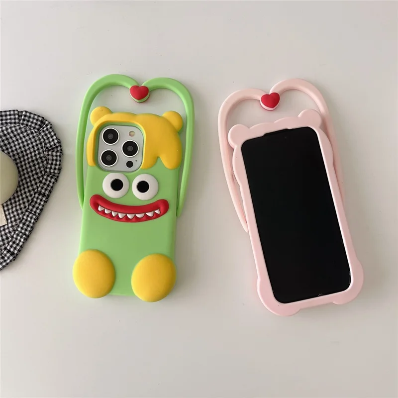 For iPhone 16 Pro Silicone Case Cute Heart Monster Design Shockproof Phone Back Cover - Green