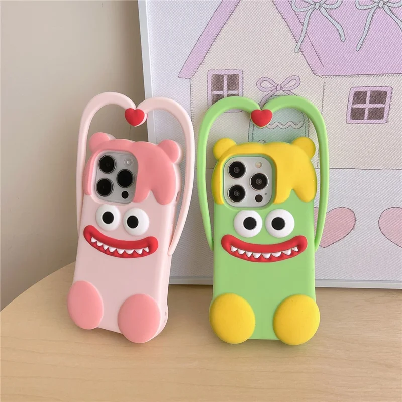 For iPhone 16 Pro Silicone Case Cute Heart Monster Design Shockproof Phone Back Cover - Green
