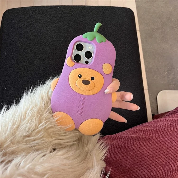 For iPhone 16 Pro Max Silicone Case Cute Eggplant Bear Design Shockproof Phone Back Cover