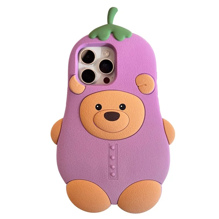 For iPhone 16 Pro Silicone Case Cute Eggplant Bear Design Shockproof Phone Back Cover