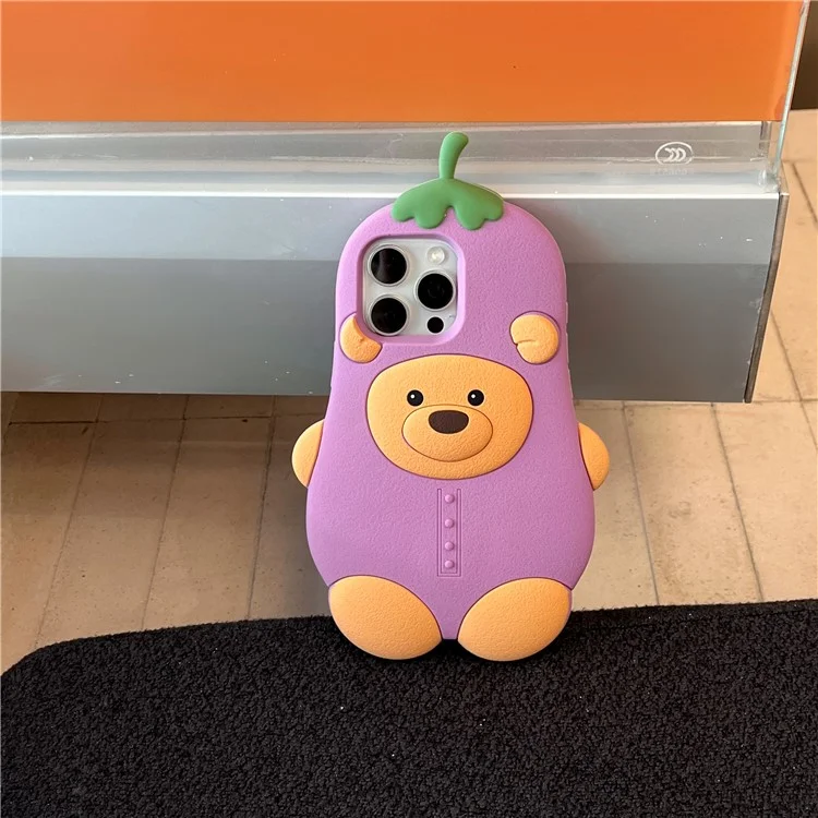 For iPhone 16 Pro Silicone Case Cute Eggplant Bear Design Shockproof Phone Back Cover