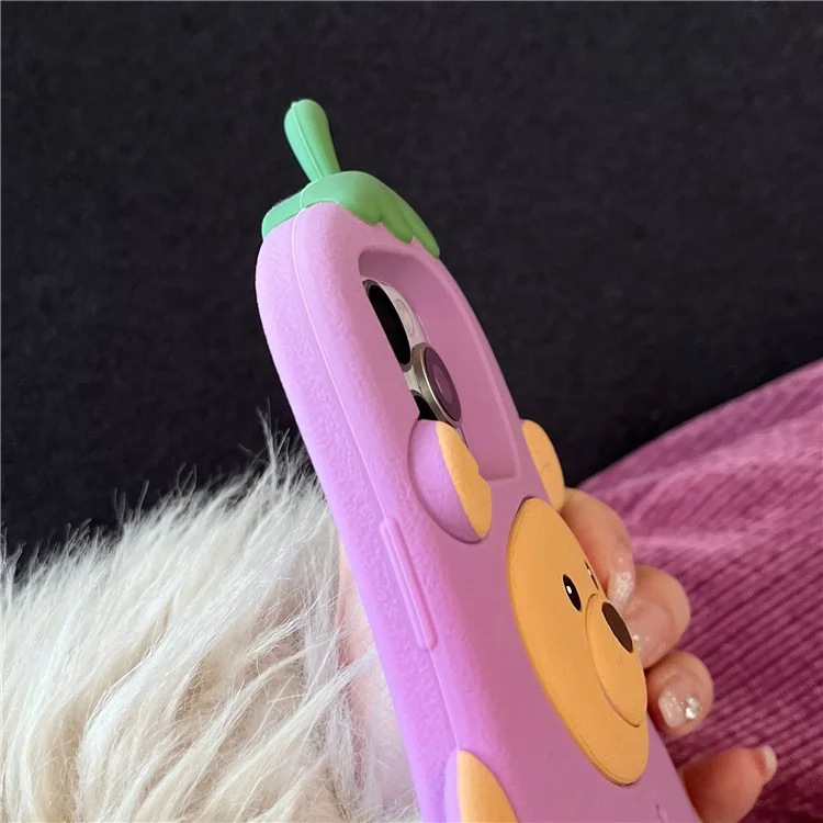 For iPhone 16 Pro Silicone Case Cute Eggplant Bear Design Shockproof Phone Back Cover