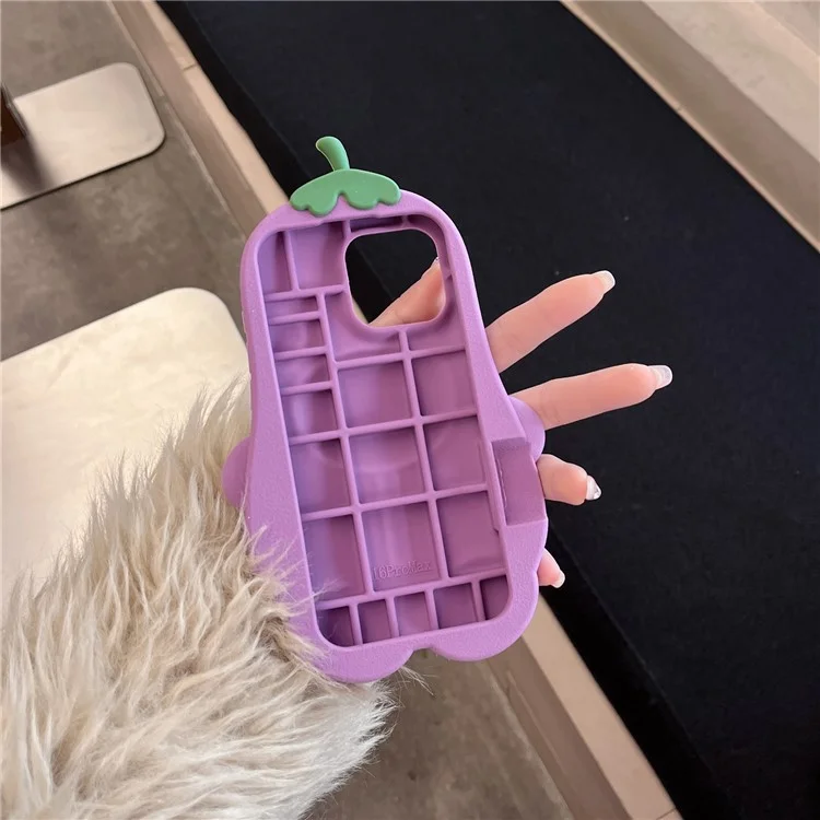 For iPhone 16 Pro Silicone Case Cute Eggplant Bear Design Shockproof Phone Back Cover