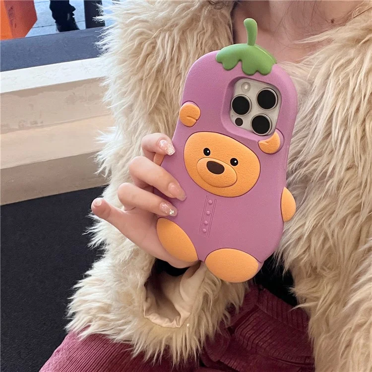 For iPhone 16 Pro Silicone Case Cute Eggplant Bear Design Shockproof Phone Back Cover