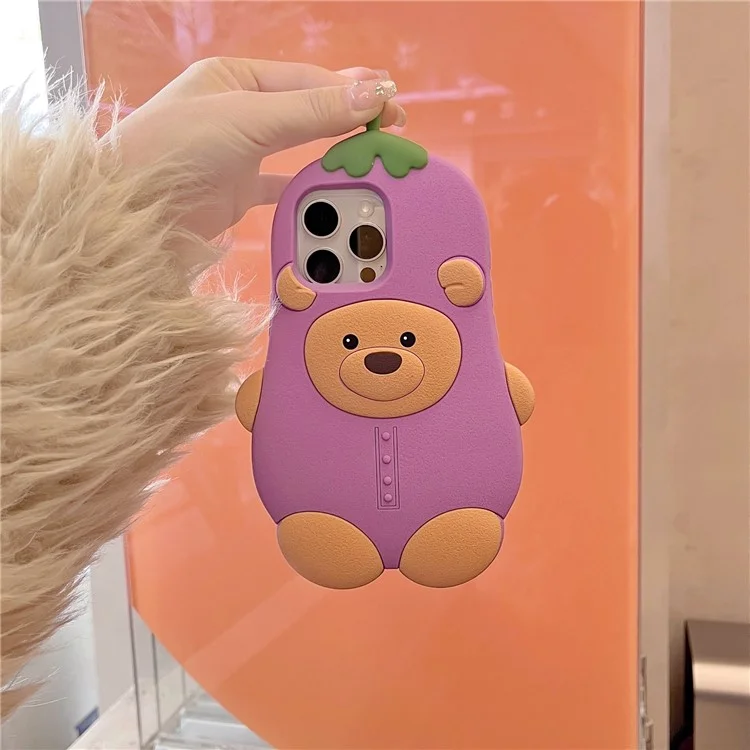 For iPhone 16 Pro Silicone Case Cute Eggplant Bear Design Shockproof Phone Back Cover