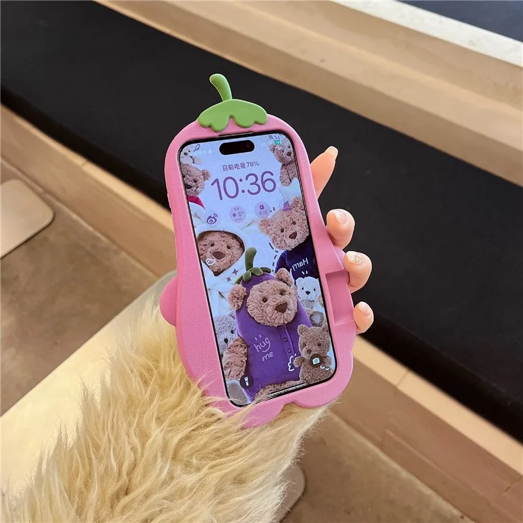 For iPhone 16 Pro Silicone Case Cute Eggplant Bear Design Shockproof Phone Back Cover