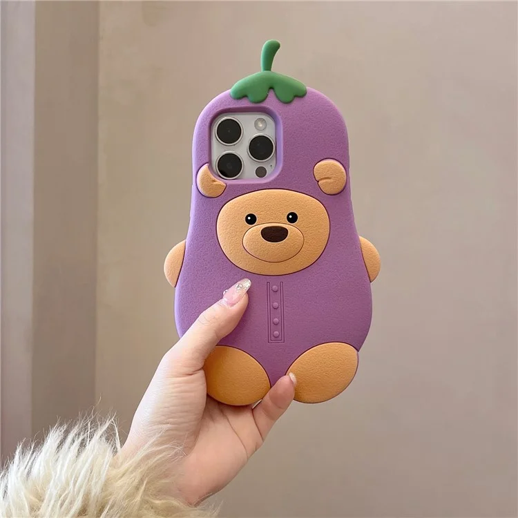 For iPhone 16 Pro Silicone Case Cute Eggplant Bear Design Shockproof Phone Back Cover