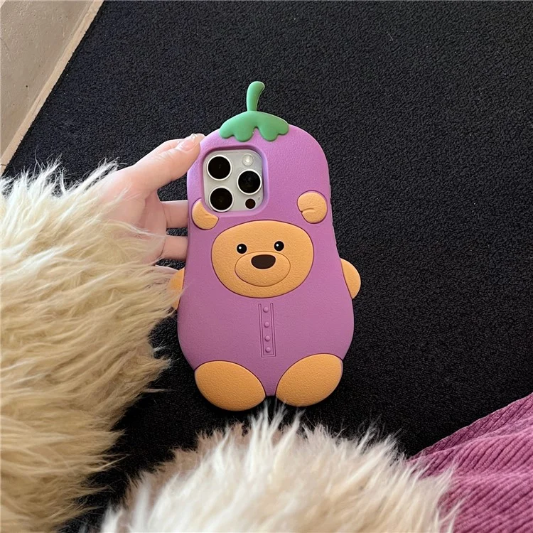 For iPhone 16 Pro Silicone Case Cute Eggplant Bear Design Shockproof Phone Back Cover