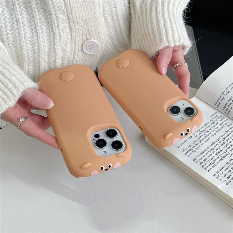 For iPhone 16 Pro Max Silicone Case Cute Sleeping Milk Tea Bear Design Shockproof Phone Back Cover