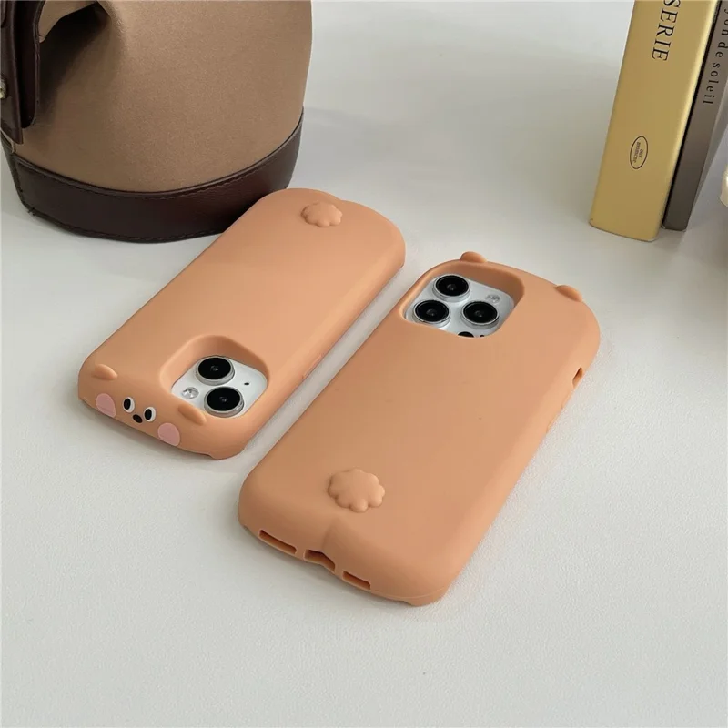 For iPhone 16 Pro Max Silicone Case Cute Sleeping Milk Tea Bear Design Shockproof Phone Back Cover