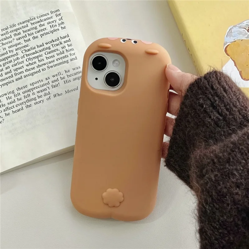 For iPhone 15 Silicone Case Cute Sleeping Milk Tea Bear Design Shockproof Phone Back Cover