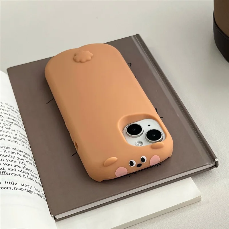 For iPhone 15 Silicone Case Cute Sleeping Milk Tea Bear Design Shockproof Phone Back Cover