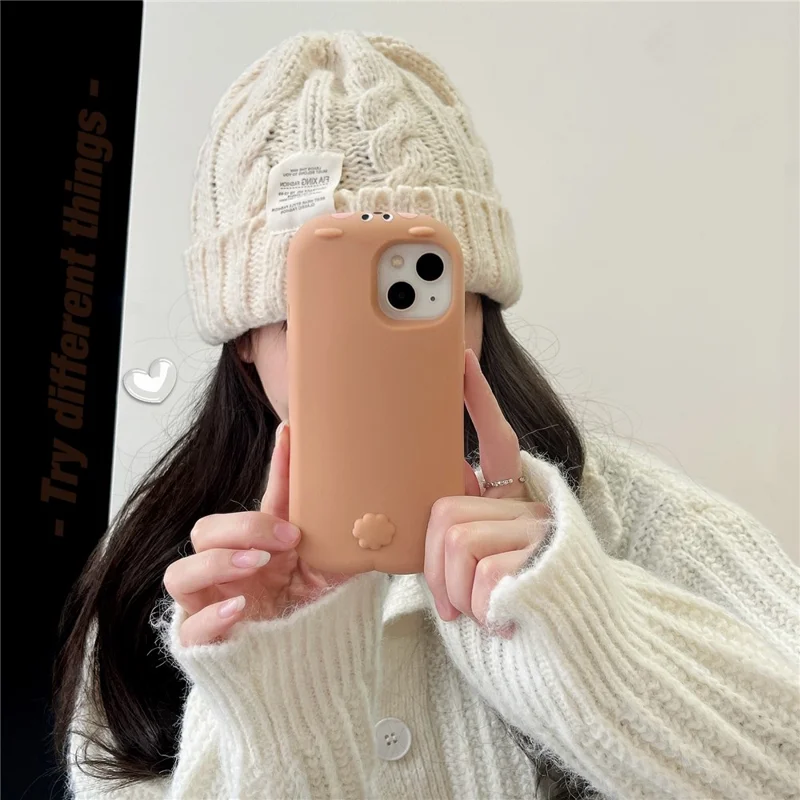 For iPhone 15 Silicone Case Cute Sleeping Milk Tea Bear Design Shockproof Phone Back Cover